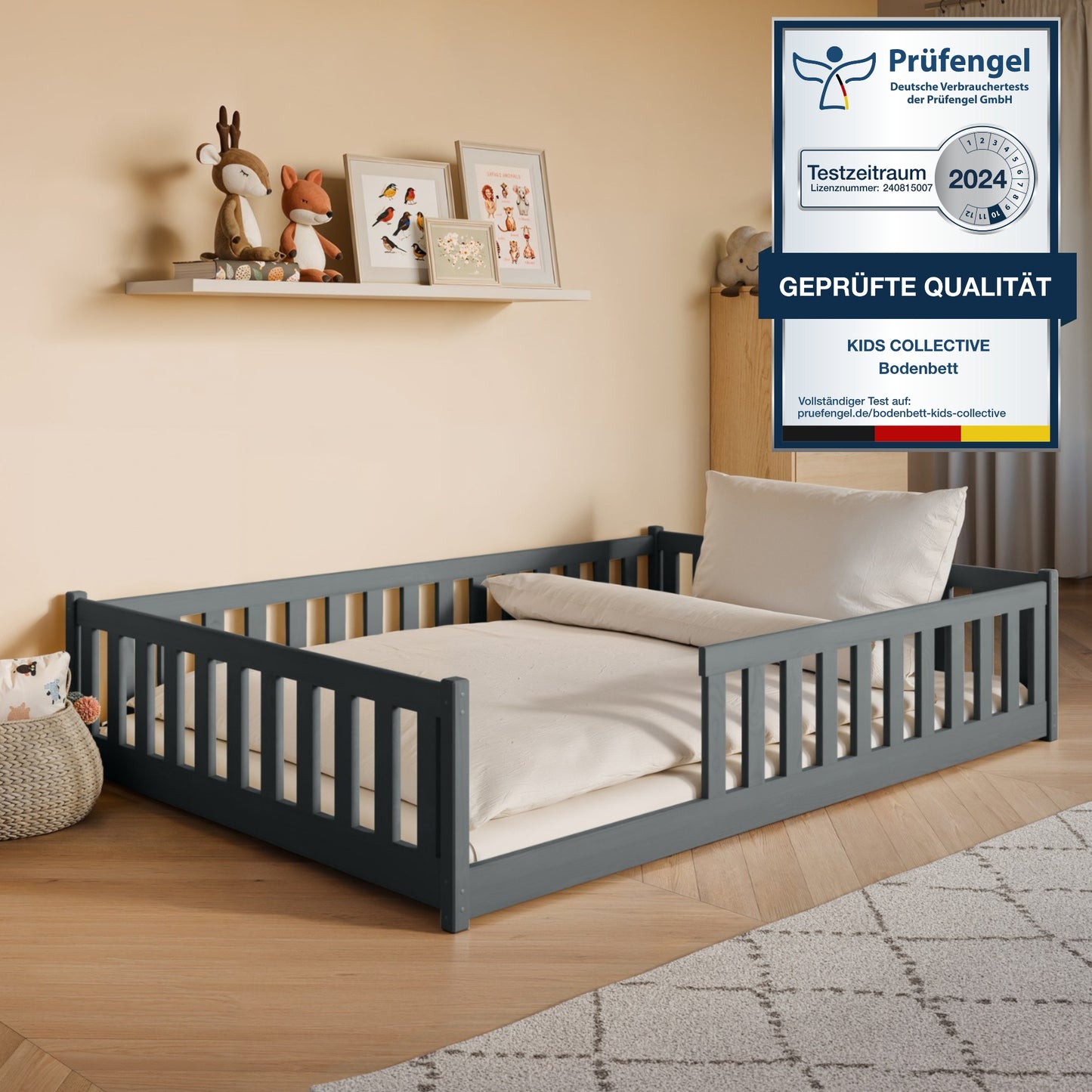 Kinderbett Bodenbett 80x160 | 80x180 | 90x190 | 90x200 | 120x200 | 140x200 cm Bett mit Rausfallschutz & Lattenrost Montessori Bett Gitterbett Kinder Jugendbett Einzelbett optional mit Matratze | Kiefer Holz massiv Junge Mädchen