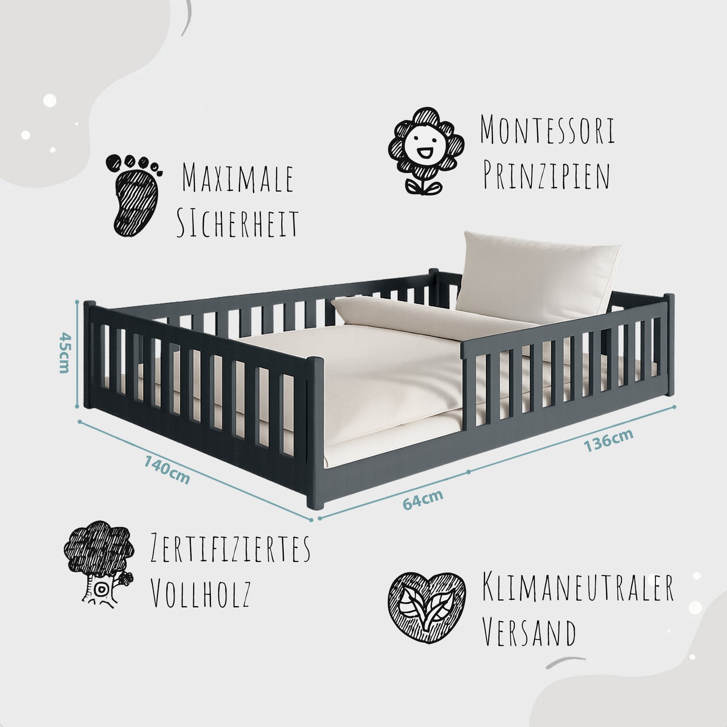 Kinderbett Bodenbett 80x160 | 80x180 | 90x190 | 90x200 | 120x200 | 140x200 cm Bett mit Rausfallschutz & Lattenrost Montessori Bett Gitterbett Kinder Jugendbett Einzelbett optional mit Matratze | Kiefer Holz massiv Junge Mädchen