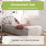 Kids Collective Kinderbett Polsterbett 90x200 cm Stauraumbett Kinder Bett Jugendbett mit Lattenrost & Metallrahmen | Bettkasten mit Gasdruckfedern, Kopfteil in Muschelform | von 4 bis 18 J