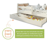 Kids Collective Kinderbett 80x160 und 90x200 cm Kinder Bett Jugendbett Juniorbett | Mit Rausfallschutz & Schublade | Stabiles Kiefernholz | Weiß