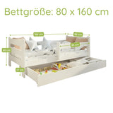 Kids Collective Kinderbett 80x160 und 90x200 cm Kinder Bett Jugendbett Juniorbett | Mit Rausfallschutz & Schublade | Stabiles Kiefernholz | Weiß