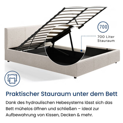 Bett 140x200 / 160x200 cm Doppelbett Polsterbett Bettgestell mit Lattenrost aus Metall, hydraulischer Bettkasten, Samtbezug in beige oder dunkelgrau, viel Stauraum, modern & pflegeleicht