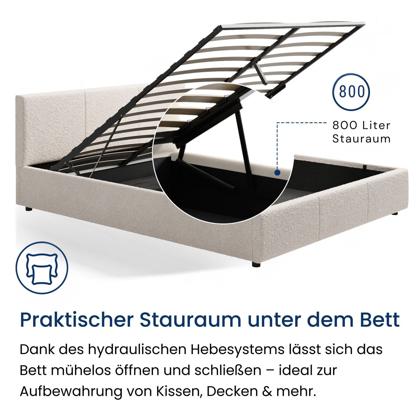 Bett 140x200 / 160x200 cm Doppelbett Polsterbett Bettgestell mit Lattenrost aus Metall, hydraulischer Bettkasten, Samtbezug in beige oder dunkelgrau, viel Stauraum, modern & pflegeleicht