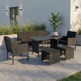 Home Collective Gartenmöbel Set 7-Sitzer | Lounge Möbel Outdoor Gartenlounge | 3-Sitzer-Sofa 2 Stühle 2 Hocker | Tisch mit gehärteter Glasplatte & Polster für Terrasse u. Garten | Polyrattan Schwarz