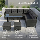 Home Collective Gartenmöbel Set 7-Sitzer mit Ecksofa Lounge Möbel Outdoor Gartenlounge Outdoor Sofa | mit gehärteter Glasplatte & gemütliche Polster für Garten | Polyrattan Schwarz & graue oder schwarze Kissen