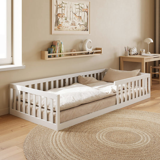 Kids Collective Kinderbett Bodenbett mit Rausfallschutz & Lattenrost Montessori Bett Bed Gitterbett Kinder Jugendbett Einzelbett | Weiß | Größen 90x200 120x200 140x200 cm