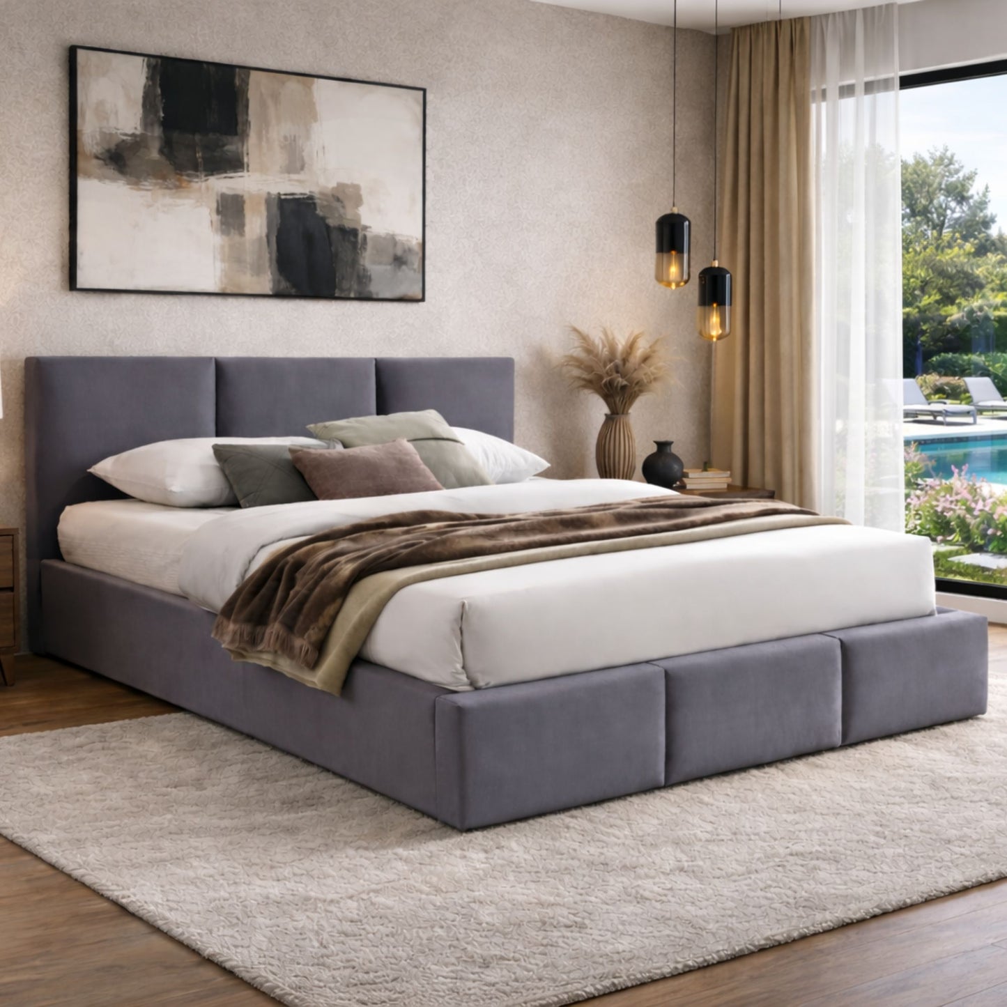 Bett 140x200 / 160x200 cm Doppelbett Polsterbett Bettgestell mit Lattenrost aus Metall, hydraulischer Bettkasten, Samtbezug in beige oder dunkelgrau, viel Stauraum, modern & pflegeleicht