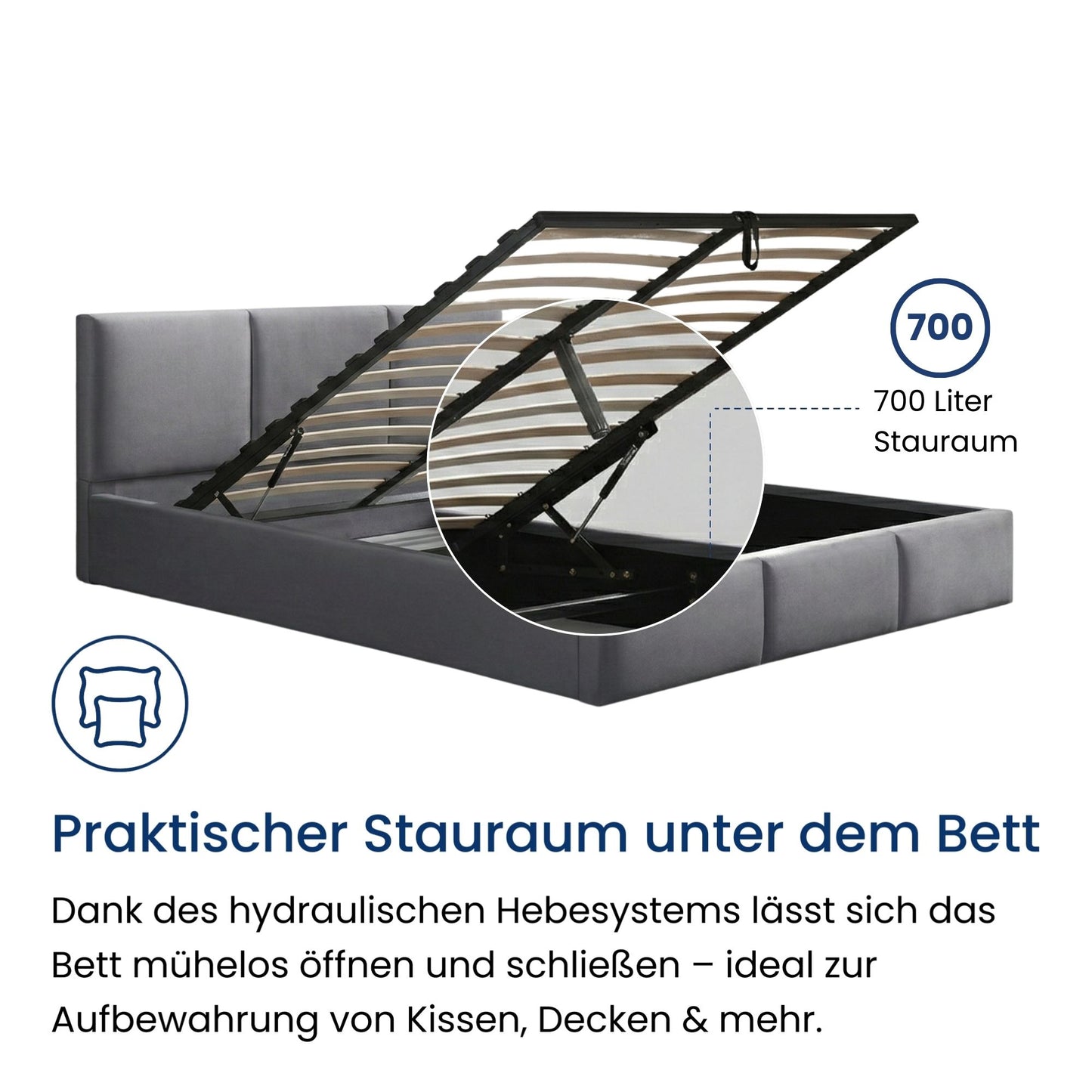 Bett 140x200 / 160x200 cm Doppelbett Polsterbett Bettgestell mit Lattenrost aus Metall, hydraulischer Bettkasten, Samtbezug in beige oder dunkelgrau, viel Stauraum, modern & pflegeleicht