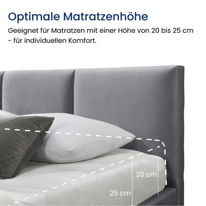 Bett 140x200 / 160x200 cm Doppelbett Polsterbett Bettgestell mit Lattenrost aus Metall, hydraulischer Bettkasten, Samtbezug in beige oder dunkelgrau, viel Stauraum, modern & pflegeleicht