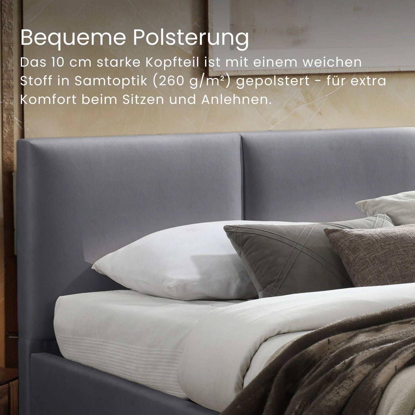 Bett 140x200 / 160x200 cm Doppelbett Polsterbett Bettgestell mit Lattenrost aus Metall, hydraulischer Bettkasten, Samtbezug in beige oder dunkelgrau, viel Stauraum, modern & pflegeleicht