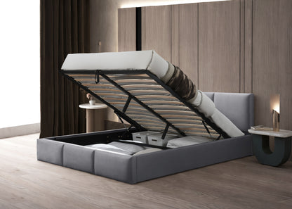 Bett 140x200 / 160x200 cm Doppelbett Polsterbett Bettgestell mit Lattenrost aus Metall, hydraulischer Bettkasten, Samtbezug in beige oder dunkelgrau, viel Stauraum, modern & pflegeleicht