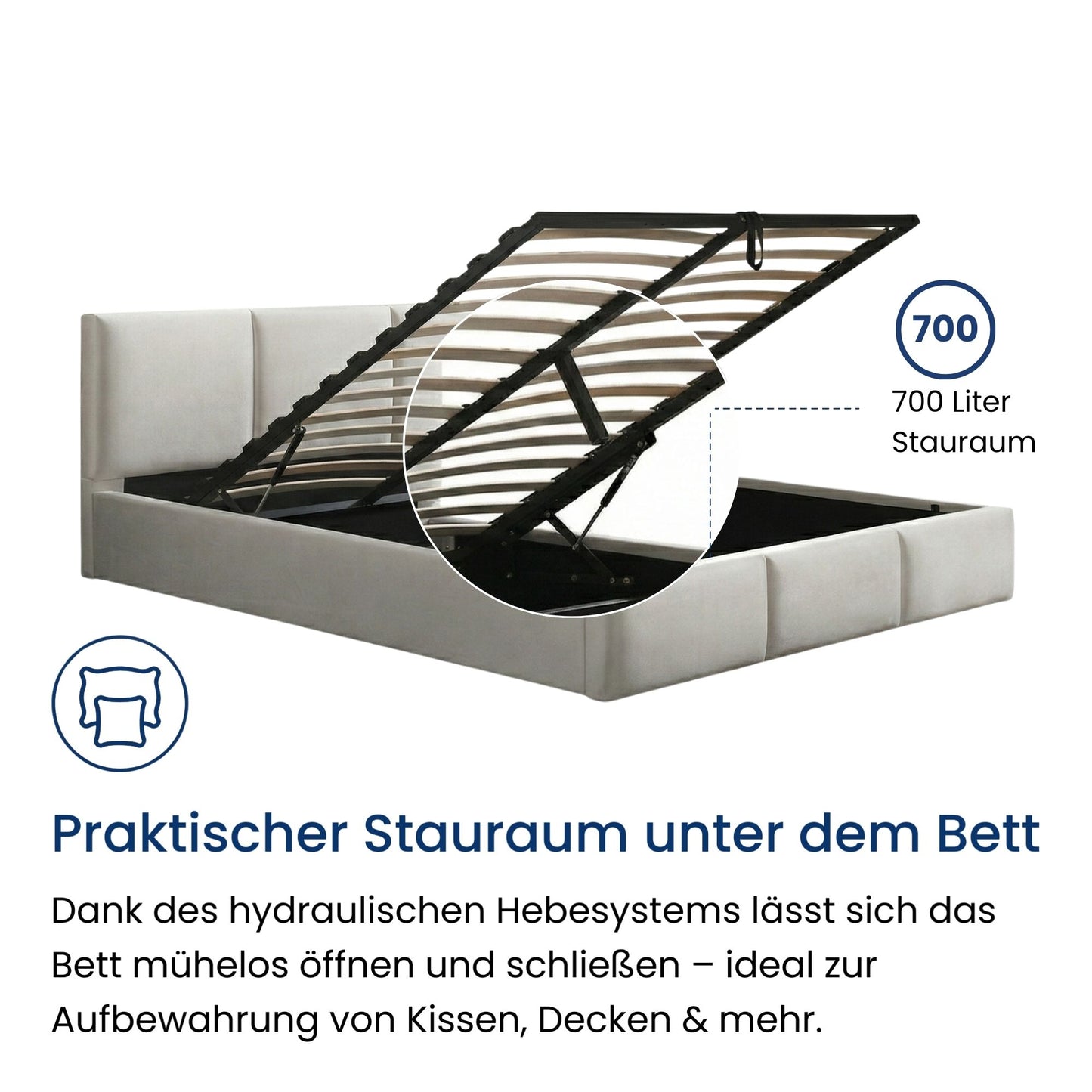 Bett 140x200 / 160x200 cm Doppelbett Polsterbett Bettgestell mit Lattenrost aus Metall, hydraulischer Bettkasten, Samtbezug in beige oder dunkelgrau, viel Stauraum, modern & pflegeleicht