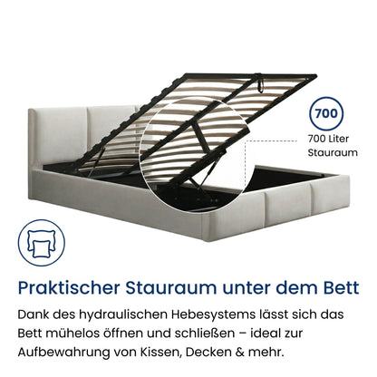 Bett 140x200 / 160x200 cm Doppelbett Polsterbett Bettgestell mit Lattenrost aus Metall, hydraulischer Bettkasten, Samtbezug in beige oder dunkelgrau, viel Stauraum, modern & pflegeleicht
