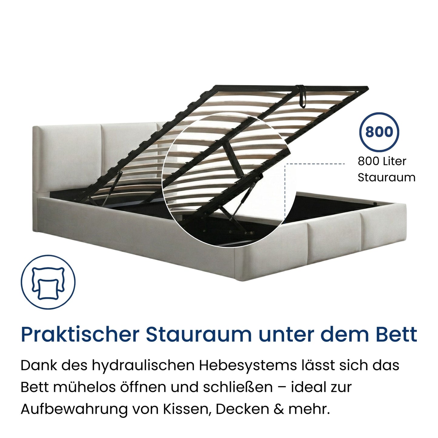 Bett 140x200 / 160x200 cm Doppelbett Polsterbett Bettgestell mit Lattenrost aus Metall, hydraulischer Bettkasten, Samtbezug in beige oder dunkelgrau, viel Stauraum, modern & pflegeleicht