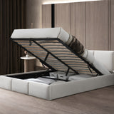 Lit rembourré lit double 140x200 | 160x200 cm velours beige ou gris | avec sommier à lattes en métal et espace de rangement avec coffre de lit hydraulique 
