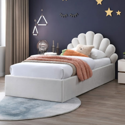 Kids Collective Kinderbett Polsterbett 90x200 cm Kinder Bett Jugendbett mit Lattenrost & Metallrahmen | Kopfteil in Elegantes Muschel-Design | Beige