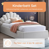 Kids Collective Kinderbett Polsterbett 90x200 cm Kinder Bett Jugendbett mit Lattenrost & Metallrahmen | Kopfteil in Elegantes Muschel-Design | Beige