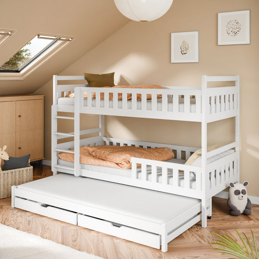 Etagenbett 90x200 Kinderbett Jugendbett Hochbett Stockbett für 3 Kinder zwei Schubladen Rausfallschutz Kinder Bett umbaubar in 3 Einzelbetten von 4. bis 16. Lebensjahr inkl. Lattenrosten weiß