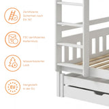 Etagenbett 90x200 Kinderbett Jugendbett Hochbett Stockbett für 3 Kinder zwei Schubladen Rausfallschutz Kinder Bett umbaubar in 3 Einzelbetten von 4. bis 16. Lebensjahr inkl. Lattenrosten weiß