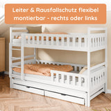 Etagenbett 90x200 Kinderbett Jugendbett Hochbett Stockbett für 3 Kinder zwei Schubladen Rausfallschutz Kinder Bett umbaubar in 3 Einzelbetten von 4. bis 16. Lebensjahr inkl. Lattenrosten weiß