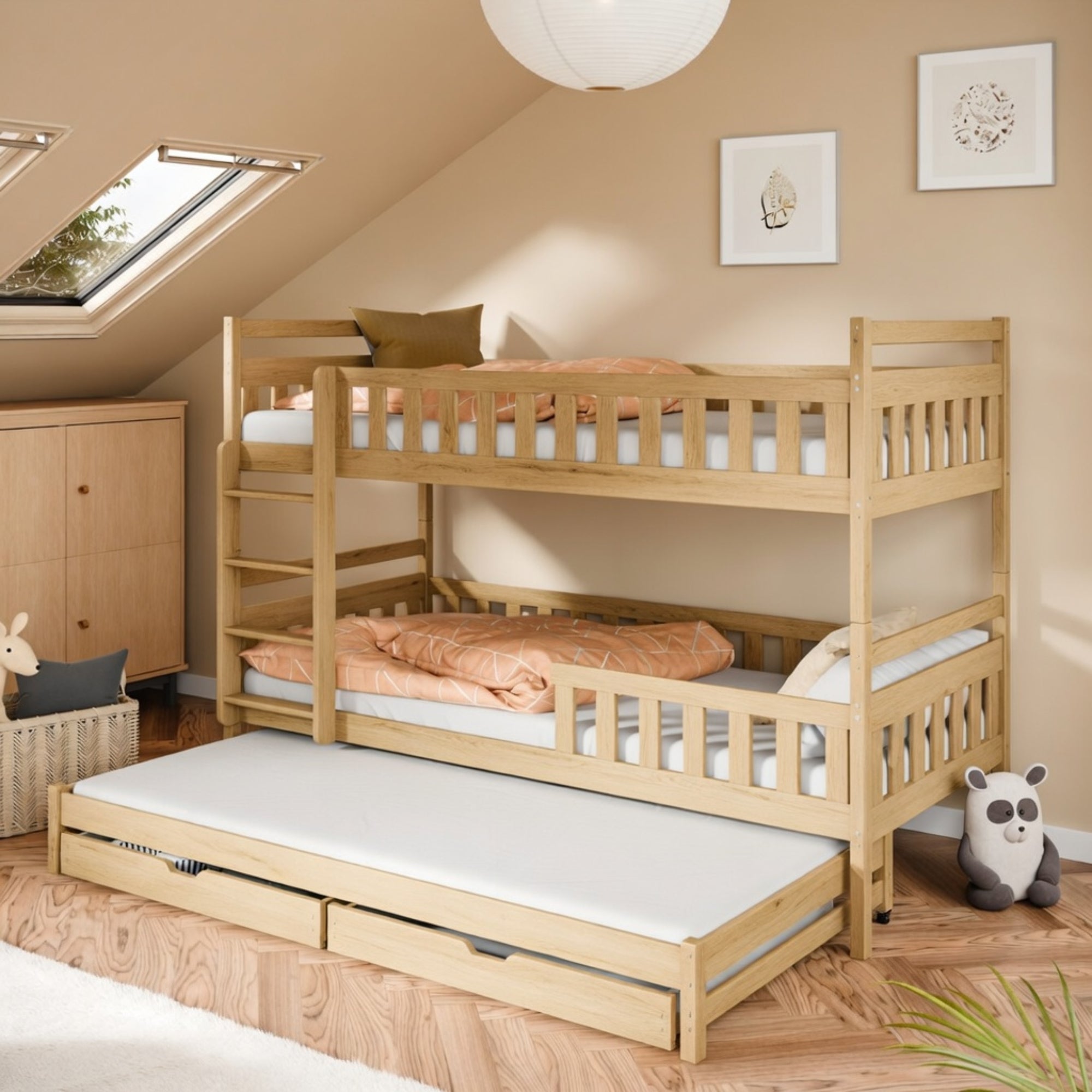 Etagenbett 90x200 Kinderbett Jugendbett Hochbett Stockbett für 3 Kinder zwei Schubladen Rausfallschutz Kinder Bett umbaubar in 3 Einzelbetten von 4. bis 16. Lebensjahr inkl. Lattenrosten weiß