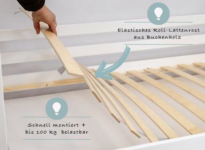 Kinderbett Bodenbett 80x160 | 80x180 | 90x190 | 90x200 | 120x200 | 140x200 cm Bett mit Rausfallschutz & Lattenrost Montessori Bett Gitterbett Kinder Jugendbett Einzelbett optional mit Matratze | Kiefer Holz massiv Junge Mädchen