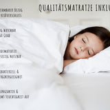 Hochbett 90x200 cm mit 2 Matratzen (optional) und 2 Schubladen (optional) Etagenbett mit Rausfallschutz und Lattenrost, umbaubar in zwei Kinderbetten, aus Vollholz massiv in weiß, Funktionsbett