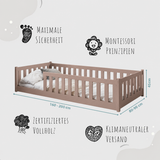 Kinderbett Bodenbett 80x160 | 80x180 | 90x190 | 90x200 | 120x200 | 140x200 cm Bett mit Rausfallschutz & Lattenrost Montessori Bett Gitterbett Kinder Jugendbett Einzelbett optional mit Matratze | Kiefer Holz massiv Junge Mädchen