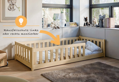 Kinderbett Bodenbett 80x160 | 80x180 | 90x190 | 90x200 | 120x200 | 140x200 cm Bett mit Rausfallschutz & Lattenrost Montessori Bett Gitterbett Kinder Jugendbett Einzelbett optional mit Matratze | Kiefer Holz massiv Junge Mädchen