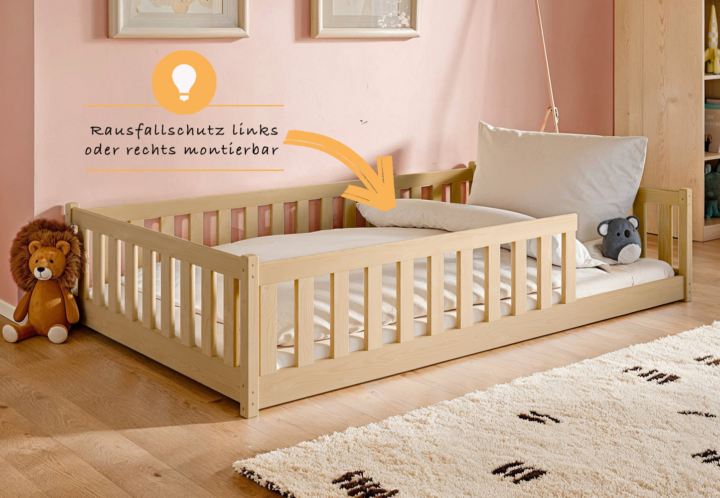 Kinderbett Bodenbett 80x160 | 80x180 | 90x190 | 90x200 | 120x200 | 140x200 cm Bett mit Rausfallschutz & Lattenrost Montessori Bett Gitterbett Kinder Jugendbett Einzelbett optional mit Matratze | Kiefer Holz massiv Junge Mädchen