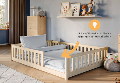 Kinderbett Bodenbett 80x160 | 80x180 | 90x190 | 90x200 | 120x200 | 140x200 cm Bett mit Rausfallschutz & Lattenrost Montessori Bett Gitterbett Kinder Jugendbett Einzelbett optional mit Matratze | Kiefer Holz massiv Junge Mädchen