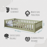 Kinderbett Bodenbett 80x160 | 80x180 | 90x190 | 90x200 | 120x200 | 140x200 cm Bett mit Rausfallschutz & Lattenrost Montessori Bett Gitterbett Kinder Jugendbett Einzelbett optional mit Matratze | Kiefer Holz massiv Junge Mädchen