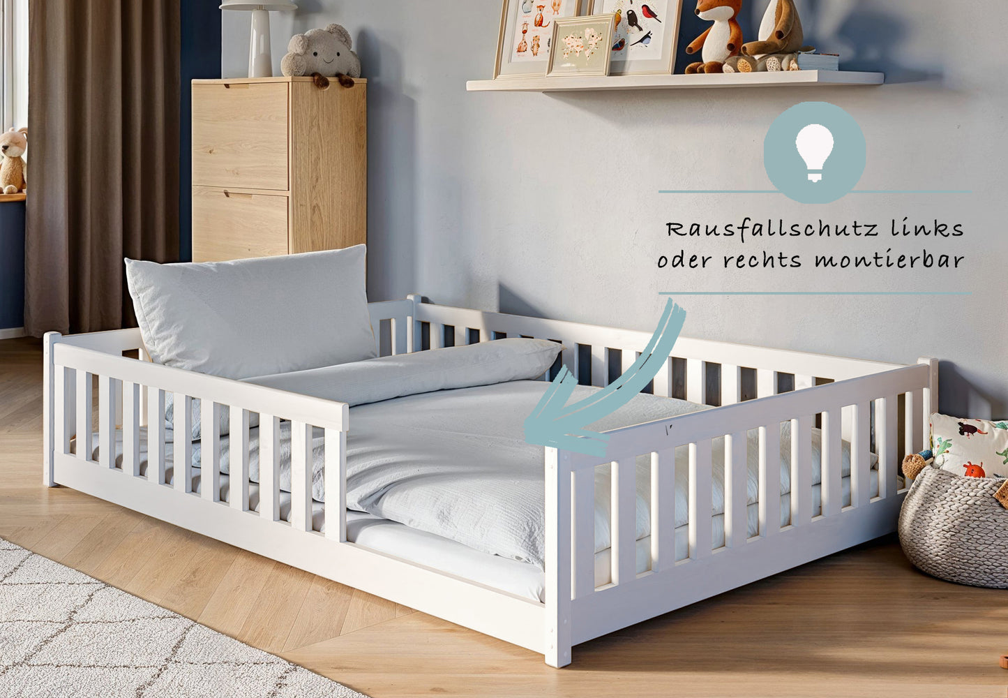 Kinderbett Bodenbett 80x160 | 80x180 | 90x190 | 90x200 | 120x200 | 140x200 cm Bett mit Rausfallschutz & Lattenrost Montessori Bett Gitterbett Kinder Jugendbett Einzelbett optional mit Matratze | Kiefer Holz massiv Junge Mädchen