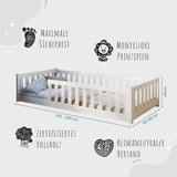 Kinderbett Bodenbett 80x160 | 80x180 | 90x190 | 90x200 | 120x200 | 140x200 cm Bett mit Rausfallschutz & Lattenrost Montessori Bett Gitterbett Kinder Jugendbett Einzelbett optional mit Matratze | Kiefer Holz massiv Junge Mädchen