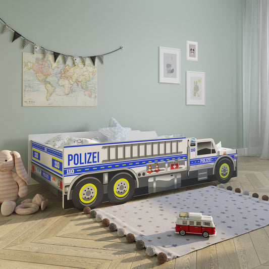 Autobett Kinderbett Jugendbett 70x140 und 80x160 cm mit Rausfallschutz und Matratze (optional) | Polizei Polizeiauto Polizist Kinder Spielbett