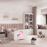 Kinderbett 80x160 und 180x80 cm mit Matratze (optional), Rausfallschutz, Lattenrost & Schublade in weiß mit Einhorn, Pferd, Feuerwehr oder Fee Motiv Mädchen Bett