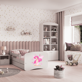 Kinderbett 80x160 und 180x80 cm mit Matratze (optional), Rausfallschutz, Lattenrost & Schublade in weiß mit Einhorn, Pferd, Feuerwehr oder Fee Motiv Mädchen Bett