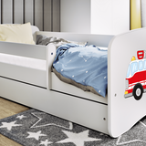 Kinderbett 80x160 und 180x80 cm mit Matratze (optional), Rausfallschutz, Lattenrost & Schublade in weiß mit Einhorn, Pferd, Feuerwehr oder Fee Motiv Mädchen Bett