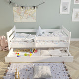 Kinderbett Jugendbett 80x160 und 90x200 cm mit Rausfallschutz | Voll-Holz mit Matratze (optional) Lattenrost & Schublade in weiß Kiefer | Mädchen Jungen Bett skandinavisch