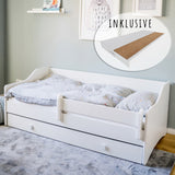 Kinderbett Jugendbett 80x160 und 80x180 cm mit Matratze, Schublade & Rausfallschutz mit punktelastischer Matratze mit Kokos-Naturfaser