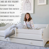 Kinderbett Jugendbett 80x160 und 80x180 cm mit Matratze, Schublade & Rausfallschutz mit punktelastischer Matratze mit Kokos-Naturfaser