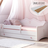Kinderbett Mädchen Jugendbett 80x160 | 80x180 cm mit Matratze Rausfallschutz & Schublade | Prinzessin Kinder Sofa Couch Bett umbaubar rosa oder grau weiß