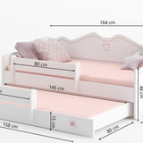 Mädchenbett 80x160 mit Ausziehbett & zwei Matratzen Kinderbett Jugendbett Funktionsbett 160x80 mit Rausfallschutz | Prinzessin Kinder Sofa Couch Bett umbaubar weiß pink