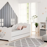 Lit fille Lit enfant 80x160 cm avec matelas et tiroir, protection antichute &amp; sommier à lattes en blanc avec motif princesse, sirène, éléphant ou fée 160x80 jusqu'à 10 ans
