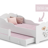 Lit fille avec lit gigogne, lit enfant, lit fonctionnel 80x160 avec deux matelas et protection antichute en blanc avec motif princesse, fée, sirène ou éléphant