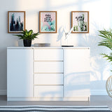 Commode avec 3 ou 4 tiroirs et 2 portes étroites en blanc, buffet haut, armoire polyvalente pour chambre à coucher