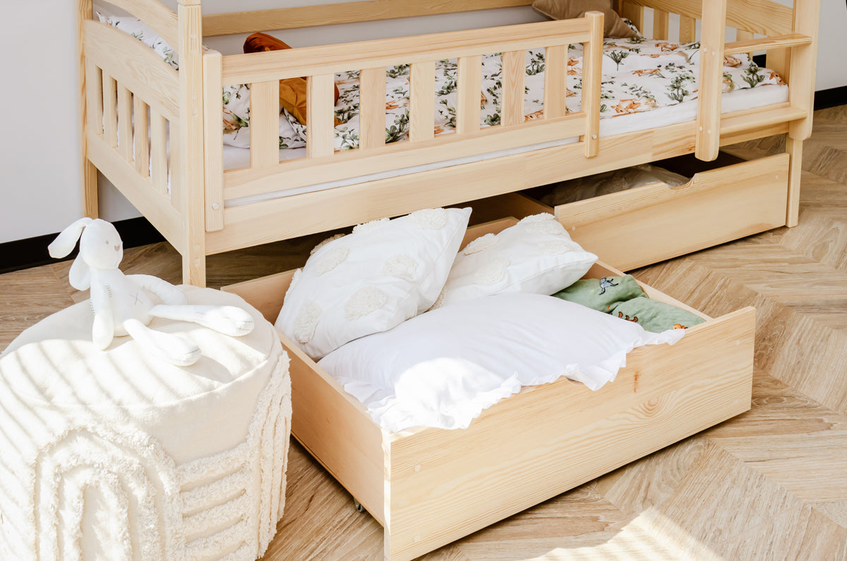 Hochbett 90x200 cm Etagenbett mit zwei Schubladen, Lattenrost, Rausfallschutz, umbaubar in zwei Einzelbetten, aus Vollholz massiv, Funktionsbett