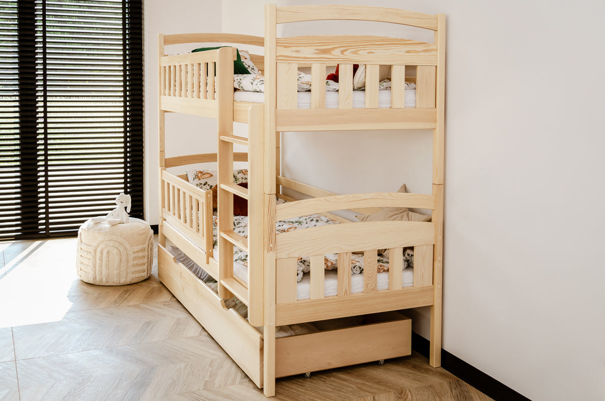 Hochbett 90x200 cm Etagenbett mit zwei Schubladen, Lattenrost, Rausfallschutz, umbaubar in zwei Einzelbetten, aus Vollholz massiv, Funktionsbett