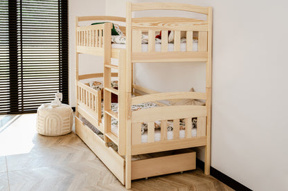 Hochbett 90x200 cm Etagenbett mit zwei Schubladen, Lattenrost, Rausfallschutz, umbaubar in zwei Einzelbetten, aus Vollholz massiv, Funktionsbett