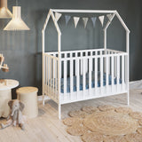 Lit bébé lit cabane 60x120 | Barreaux 70x140 cm réglables en hauteur et amovibles avec matelas (en option) | blanc très stable Fabriqué en Europe 140 x 70